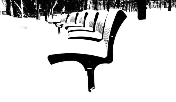 Black and White Digital Illustration Benches in Snow