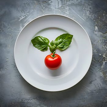 A white plate with tomato and basil generated by artificial intelligence