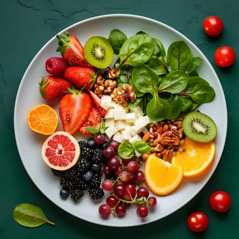 Fresh fruit and vegetables on a plate generated by artificial intelligence