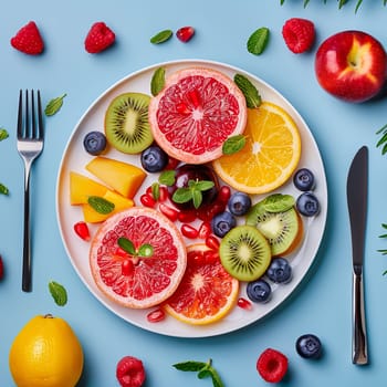 Fresh fruit and vegetables on a plate generated by artificial intelligence