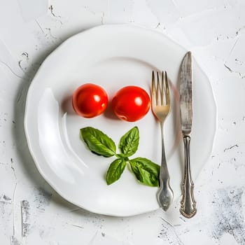 A white plate with tomato and basil generated by artificial intelligence