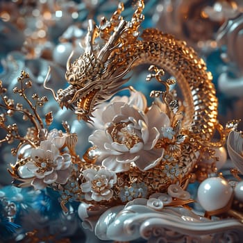 A golden dragon among sparkling flowers generated by artificial intelligence