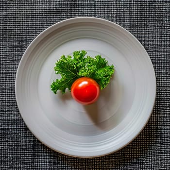 A white plate with tomato and basil generated by artificial intelligence