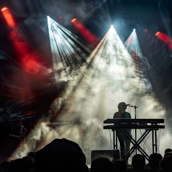 A microphone stands in the spotlight at a concert generated by artificial intelligence
