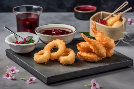 A delicious dish of fried squid and shrimp, beautifully served with dipping sauces on a slate board, making the dining experience even more memorable.