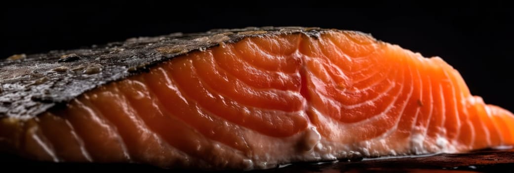 Close-up of a fresh salmon fillet with a focus on its texture, presented on a dark background.
