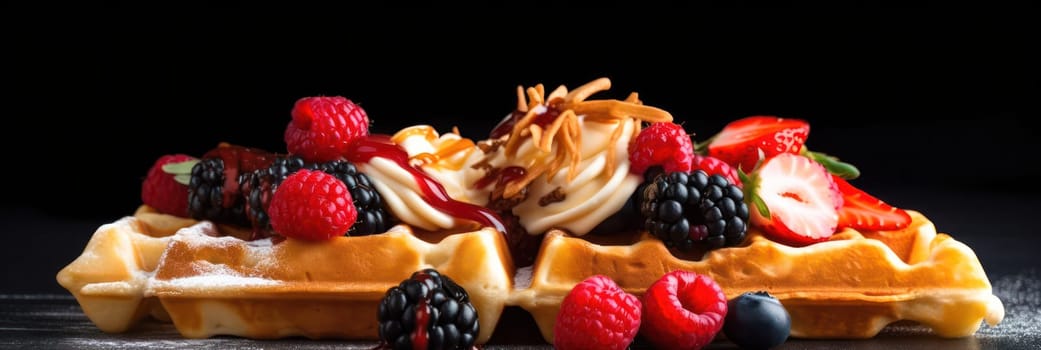 Delicious waffles topped with cream and assorted berries including strawberries and blackberries, on a dark background.