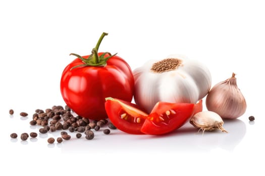 Ripe red tomatoes, garlic, and scattered black peppercorns on a white background. Copy space.