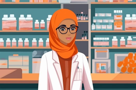 Professional illustration of a female pharmacist wearing a hijab standing in a well stocked pharmacy symbolizing healthcare.