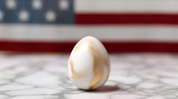 A egg balances on a marble surface, blurred American flag in the background. Copy space available.