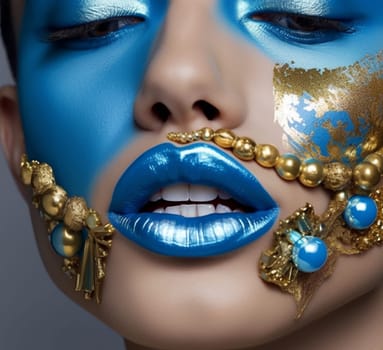 Blue Allure: Avant-Garde Makeup and Gold Jewelry.Close-up portrait featuring avant-garde blue makeup and lips, adorned with gold leaf and ornate jewelry.