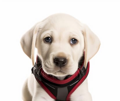 A cute white puppy with soulful eyes wearing a red harness, isolated on a white background.