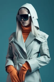 A model in a futuristic raincoat and sunglasses demonstrates a fashionable, technological look.