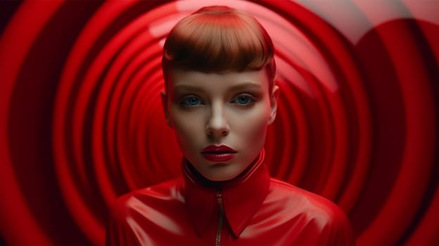 A striking portrait of a woman dressed in red, with a hypnotic red spiral pattern in the background.