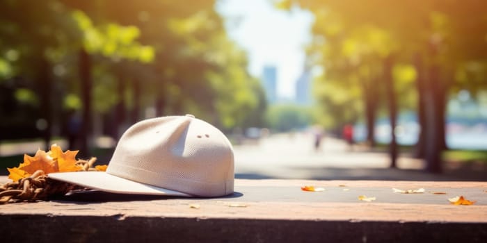 A white baseball cap left on a park bench surrounded by fallen autumn leaves, with a blurred park background.copy space