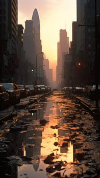 A serene urban sunset captured in the reflection of a puddle on a city street, creating a moody atmosphere.