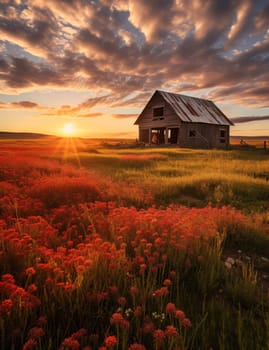 Breathtaking sunset illuminating a rustic farmhouse amidst a vibrant field of wildflowers.