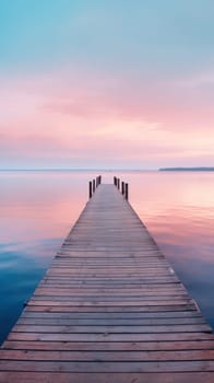 A serene wooden pier extending into a tranquil lake, under a pastel sunset sky, creating a tranquil atmosphere.copy space