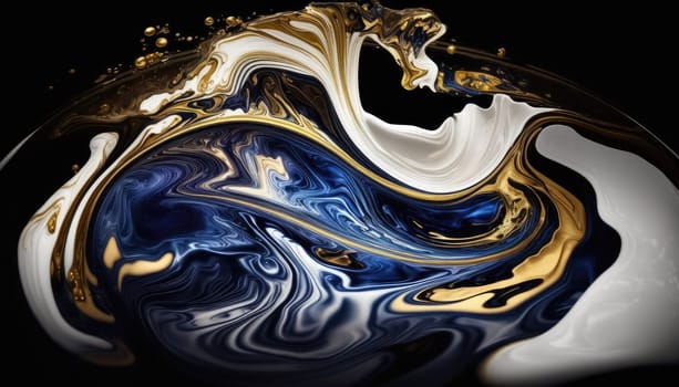 abstract background, dark blue, white and gold acrylic liquid artistic paints.Generative AI