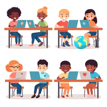 Illustration of diverse groups of children at desks with laptops and a globe, focused on their studies. AI-generated.