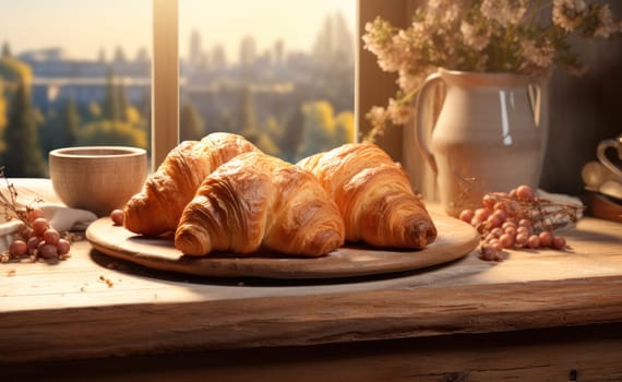 Freshly baked croissants on a wooden plate by a sunny window, complemented by a cityscape background, ideal for a cozy breakfast setting.