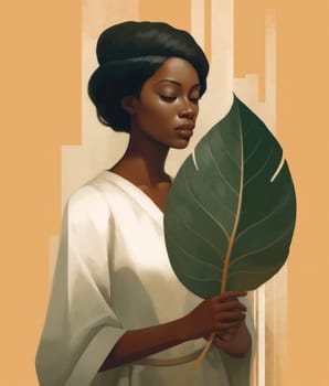 An artistic portrait of a woman in a white robe holding a large green leaf, emitting a feeling of calm and connection with nature.environmental concepts