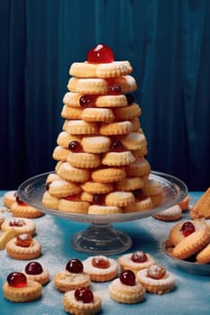 Sweet puff pastry in the form of a Christmas tree with a decoration of cherries.ideas for the design of the Christmas table. Christmas Recipes