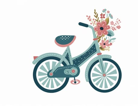 A charming illustration of a vintage bicycle adorned with a colorful floral bouquet in the front basket copy space.Greeting cards, spring promotional materials, wallpapers