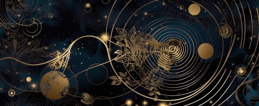 Abstract background with spirals and celestial bodies in gold and dark blue cosmic shades. Copy space available.