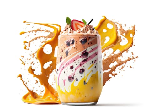 An energetic and visually captivating image of a fruit smoothie with a dynamic splash, garnished with fresh berries and mint.
