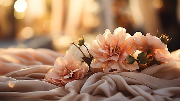 Delicate peach flowers placed gently on softly draped fabric, creating a romantic and soft atmosphere.wedding concept