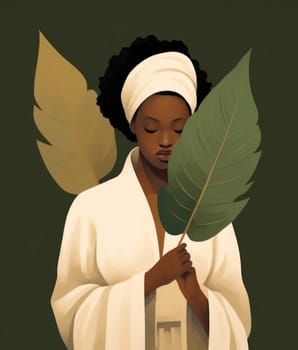A woman in a white robe holds large green sheets on a dark background.concept for self-care and eco-friendly cosmetics products