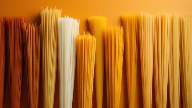 : Vibrantly depicted in a color gradient from white to deep yellow, spaghetti is a creative and artistic take on the everyday pasta.