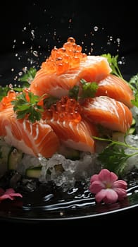 A mouth-watering display of salmon sushi topped with vibrant roe, set against a black background with dynamic water droplets.