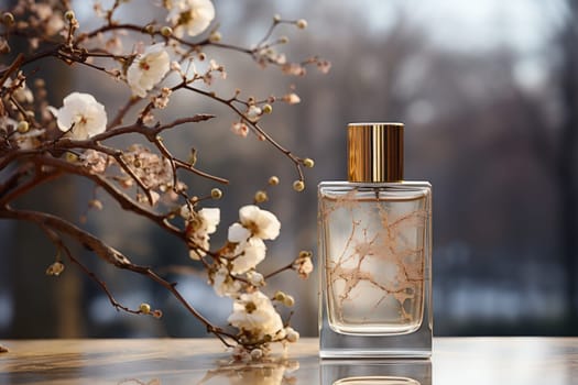 A delicate perfume bottle on a wooden surface, surrounded by soft spring flowers, creating a serene atmosphere
