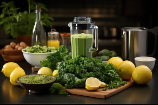 A blender filled with green smoothie ingredients next to glasses of fresh juice on the kitchen counter, lemons and herbs promotes a healthy lifestyle.