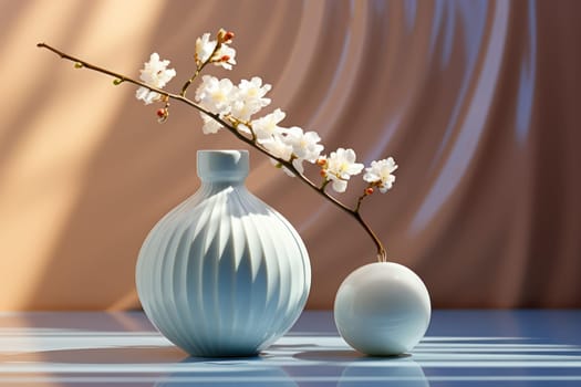 A serene display of a white vase with delicate blossoms, highlighted by striped shadows.