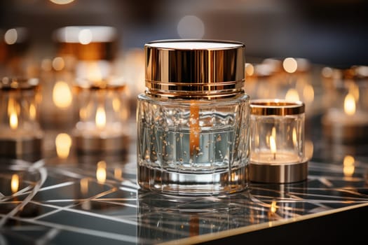 Stylish display case with high quality cosmetic jars and bottles displayed on a reflective mirror surface surrounded by soft lighting.