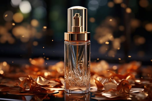 A sophisticated perfume bottle amid golden petals, under soft lighting with a blurred background.