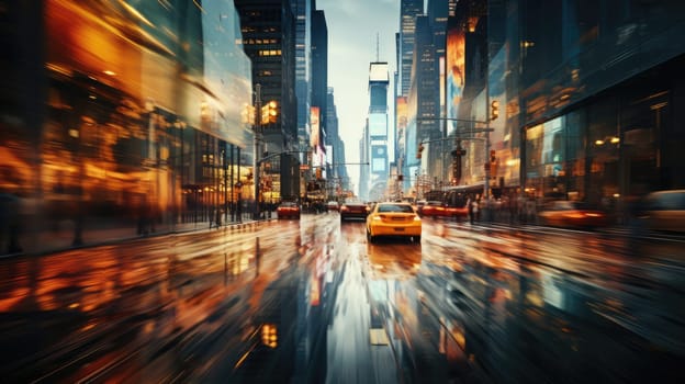 A dynamic urban street scene captured at twilight with a wet surface reflecting city lights and moving vehicles, exuding a bustling city vibe.