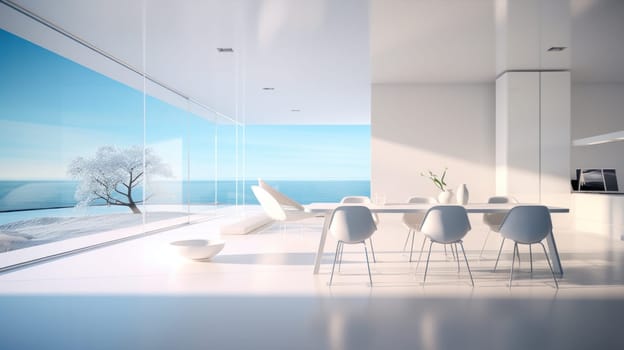 Bright and airy minimalist living room featuring sleek white furniture and a panoramic view of the ocean, with abundant natural light.