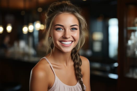 A portrait of a young woman with a radiant smile and a braided hairstyle, in a casual setting with natural lighting.