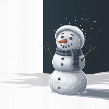 Festive snowman in winter attire. Illustration of a snowman in a scarf and a winter hat with a joyful expression on his face. on a two-tone background