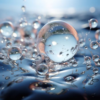 Macro shot of clear water droplets on a reflective surface, creating a dynamic texture. Copy space available.