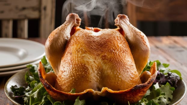 A roasted chicken presented majestically on a dinner table, ready to be served, steaming hot and golden brown.