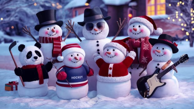 A cheerful group of snowmen dressed in different outfits, including a panda, a hockey player and a guitarist, in a snowy evening setting.