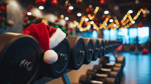 A gym decorated for Christmas with a Santa hat on a row of dumbbells, blending festive spirit with fitness.