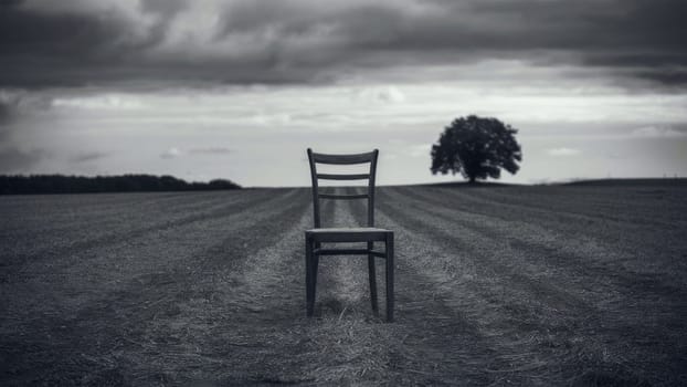 A moody black and white image of an empty chair on a huge deserted road, conveying loneliness.poignant visual psychological or philosophical metaphors