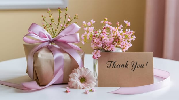 A tastefully wrapped gift with a pink ribbon, accompanied by a 'Thank You' card and delicate flowers on a table. AI-generated.