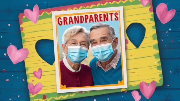 A colorful Grandparents Day greeting card featuring a photo of a smiling elderly couple wearing masks, framed with hearts.